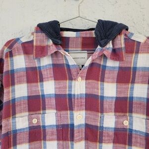 American Eagle Red Plaid Flannel with Blue Hood